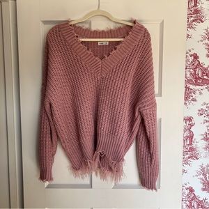 Pink Frayed Hem Sweater